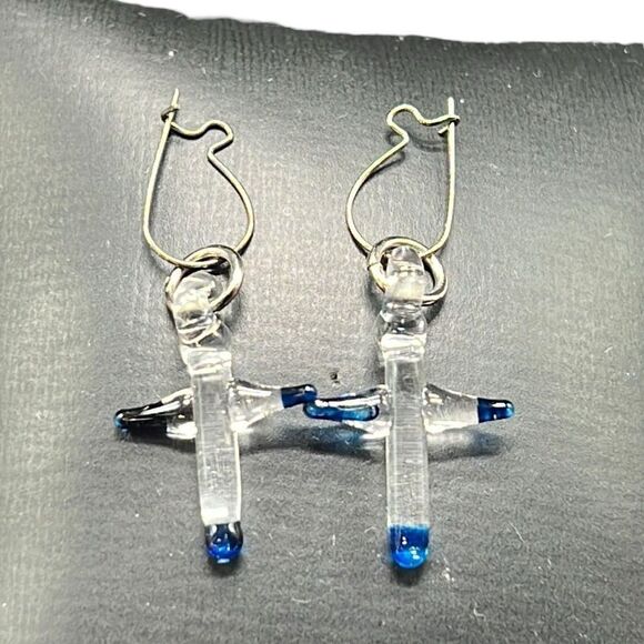 Cross Necklace Dangle Earring Set Vintage Art Glass Clear Blue Religious - Picture 3 of 7
